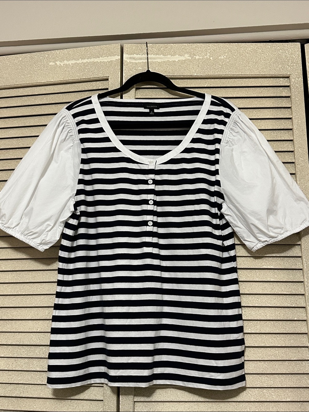 Talbots Navy and White Striped Puff-Sleeve Tee - Picture 3 of 8